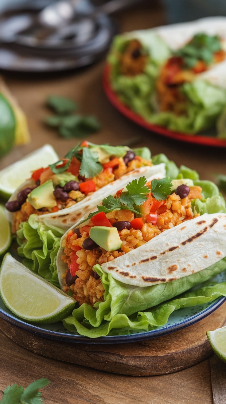 Healthy Cauliflower Rice Burritos filled with vegetables, served with lime and cilantro on a wooden table.